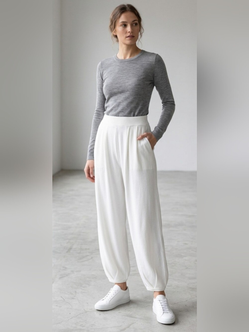 White Rayon Knit Harem Pants High Rise Pleated Balloon Joggers Size S
